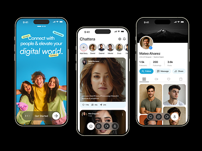 Chattera – Social Media App UI/UX Design communication design header hero section home feed ui interface ios app design landing page minimal mobile app design profile screen ui social social social network social media app ui socialmedia ui