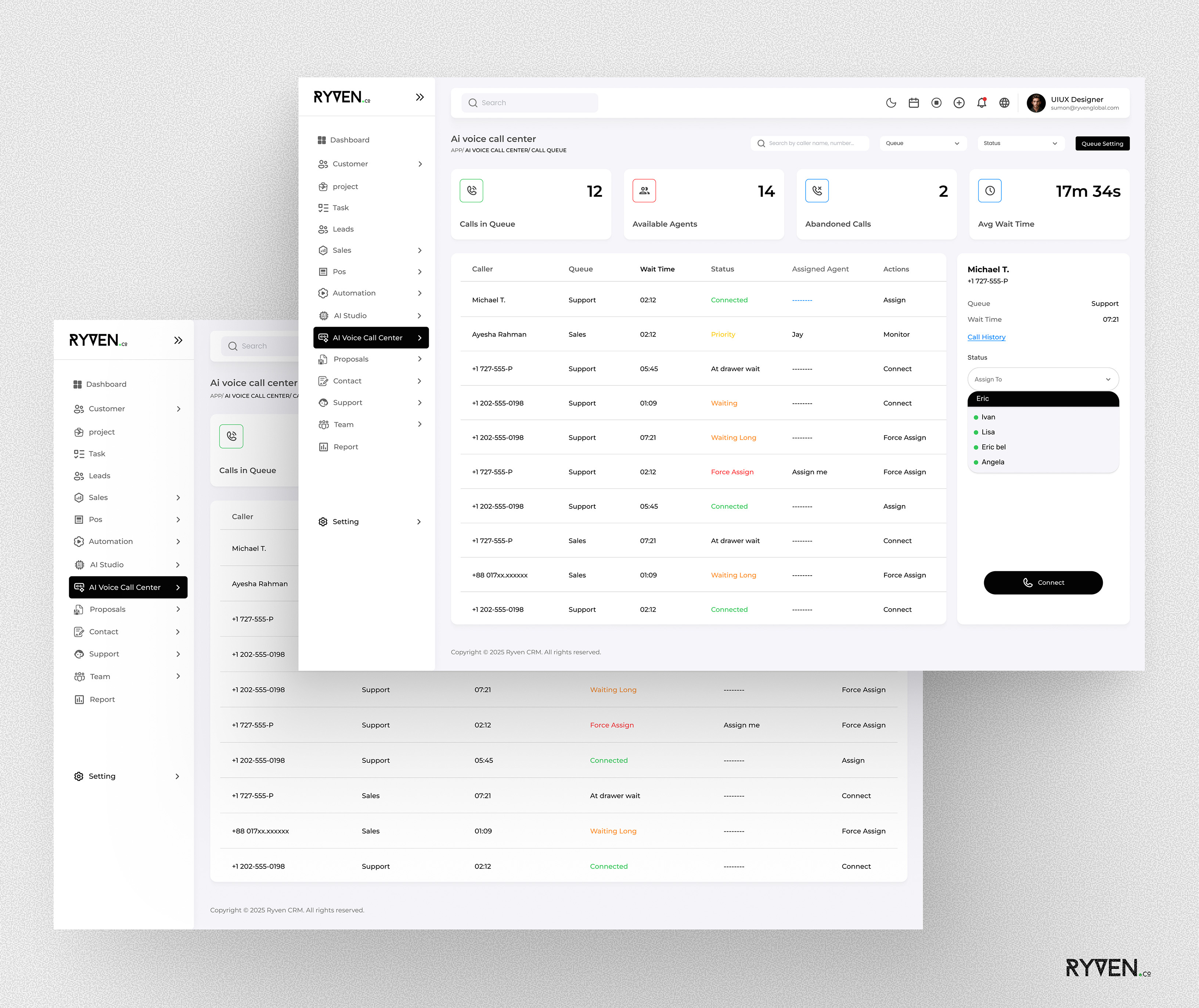 RYVEN CRM – AI Voice Call Center Dashboard aitools aivoicecallcenter callqueuedesign crm crmdesign dashboarddesign figmadesign interactiondesign minimalui productdesign realtimedata realtimeui saasdesign uidesign uxdesign voipdesign webappdesign
