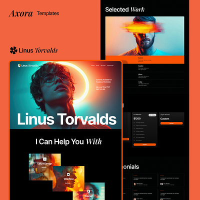 Axora Portfolio Template best landing page best ui creative template ersonal branding website framer template freelance website design landing page minimal ui modern portfolio ui uiux designer portfolio ux showcase vibrant gradient ui webflow template website ui