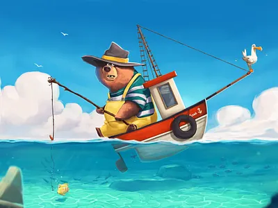The Bear and The Sea animals bear bird cartoon character design cute fish fishing funny happy illustration sea summer sunny