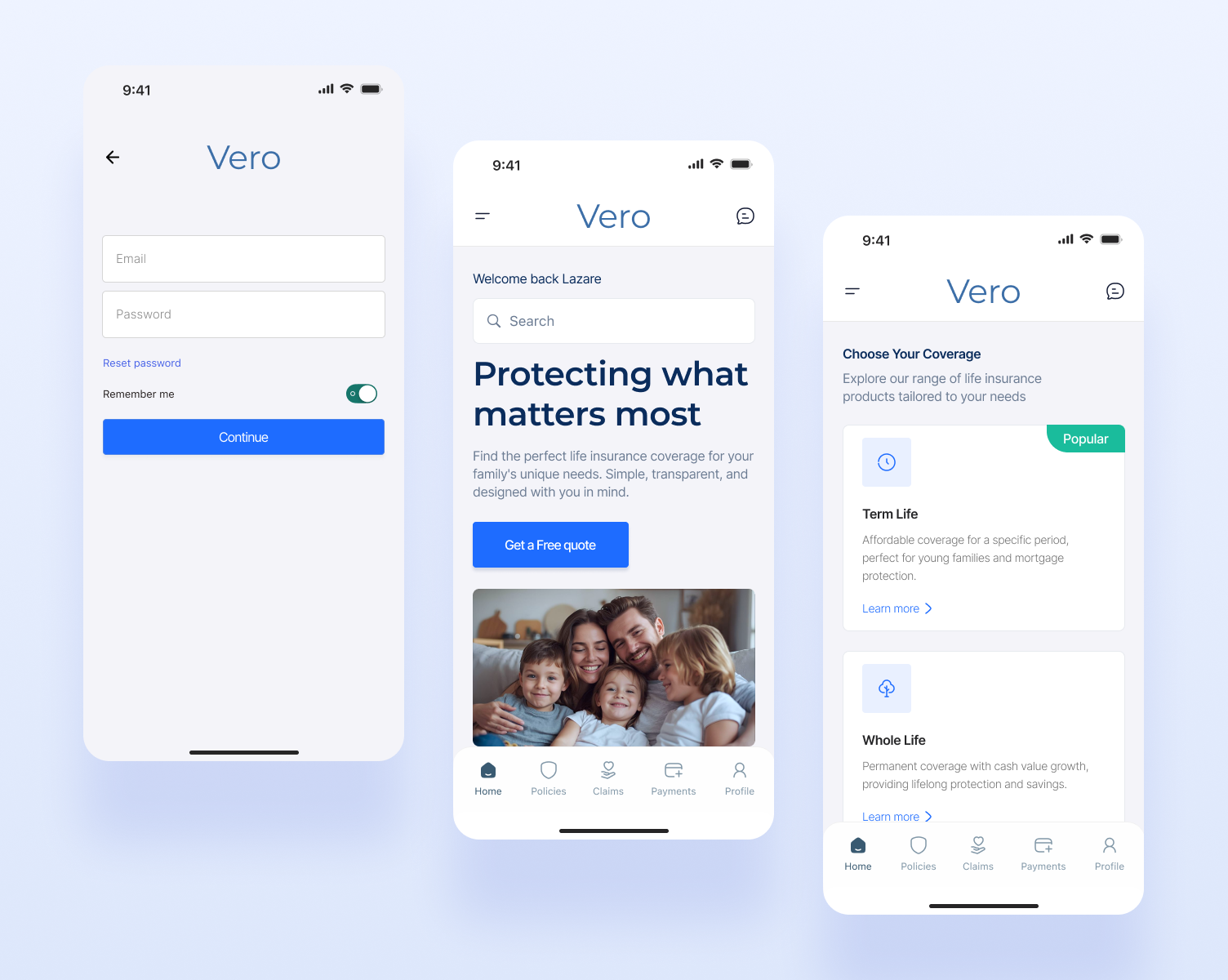 Vero - Life insurance app Design app app design blue figma icons insurance life insurance policy ui usability user flow ux