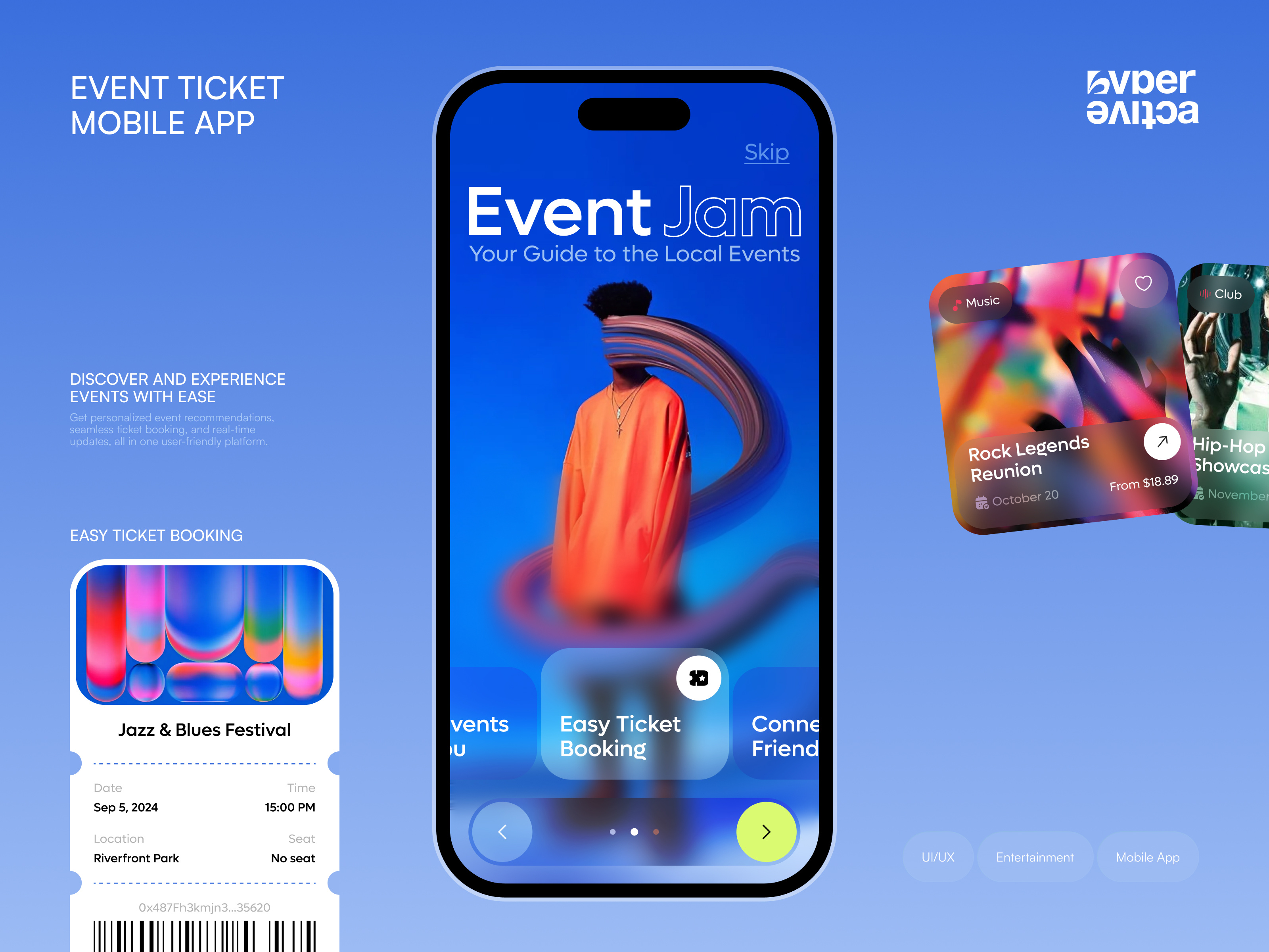 🎟️ Mobile design for event ticket app | Hyperactive app app design booking card design entertainment event hyperactive mobile mobile app mobile design product design ticket ui uiux user interface ux