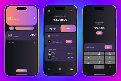 FinTech Mobile App UI — Wallet, Exchange & Payments Flow banking ui crypto ui crypto wallet dark mode ui dashboard ui exchange app figma design finance app fintech fintech ui gradient design mobile banking mobile ui modern ui money transfer payment app trading app ui design ux design wallet app
