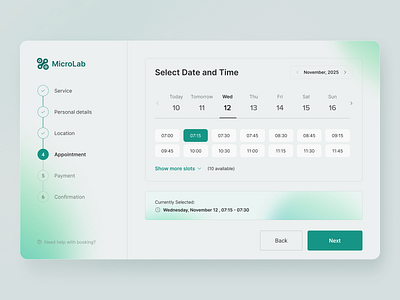 Medical Appointment Booking booking clean ui date picker interface lab appoinment medical app medical appointment minimalistic design ui ux web