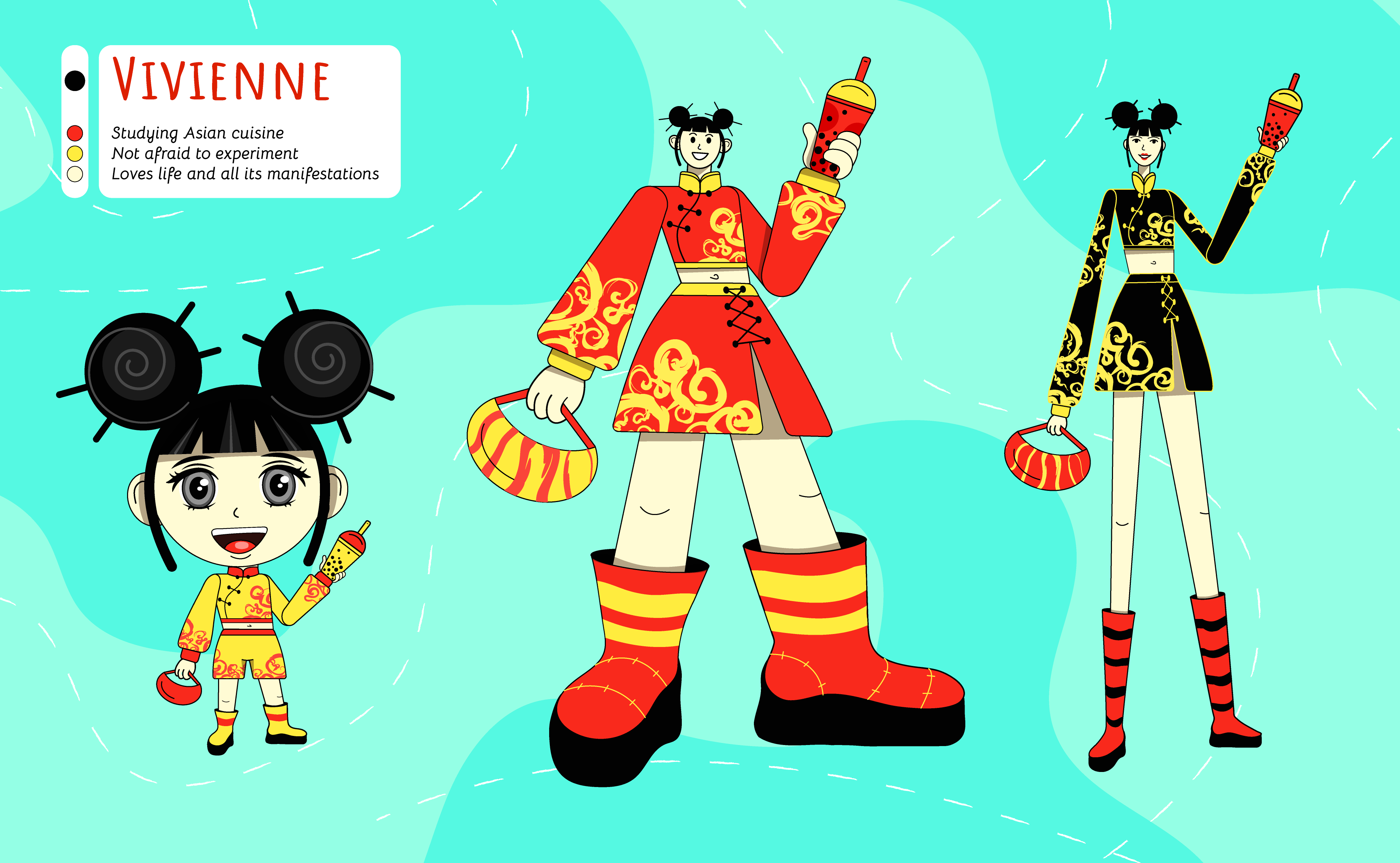 Vivienne's character styles asia boots bubbletea character chibi china color cute flat design girl hyperbolised illustration qipao red style tall vector yellow