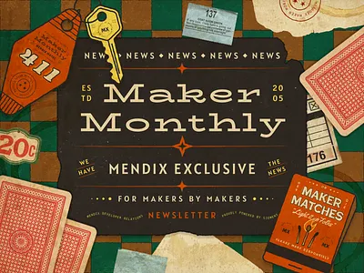 Maker Monthly 70s branding cards design digital figma grit illustration maker matches monthly motel motel key newletter news newspaper nostaglia retro typography vintage