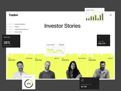 Caplon Investor Stories design green investment investment platform landing page landing page design ui user profiles ux web web design web3 webiste design website
