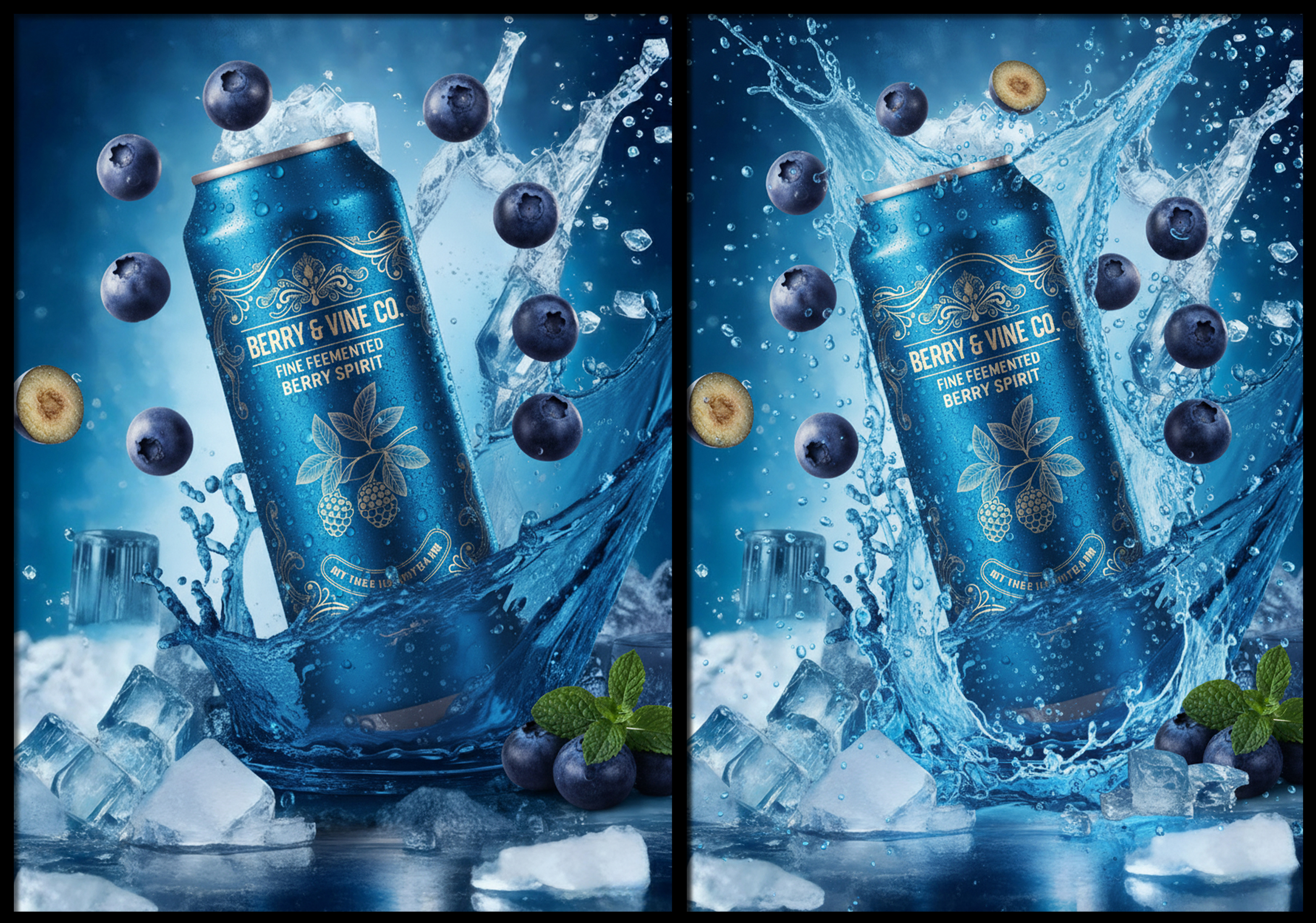 Blue Berry Beverage Can Product Packaging & Label Design. ai berry drink design beverage can mockup biue berry blueberry drink branding can label design cold drink mockup creative product drink advertisement design drink packaging design ice splash label label design luxury packaging mockup packaging premium can mockup premium can packaging product