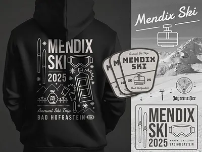 Mendix Ski '25 athletic austria bad hofgastein branding design hoodie illustration jägermeister logo mountains ski ski lift ski trip sled snow snowboard swag typography winter winter sports