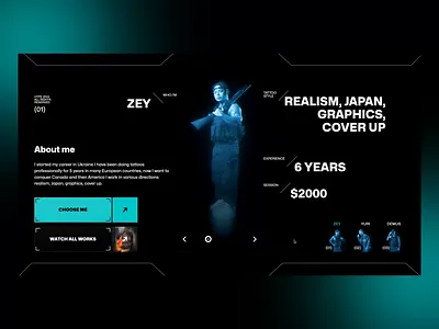Tattoo artists block for HYPE animation dark website design designinspiration graphic design minimaldarkui modernwebdesign motion graphics tattoo tattoo studio website team block ui ux webdesign