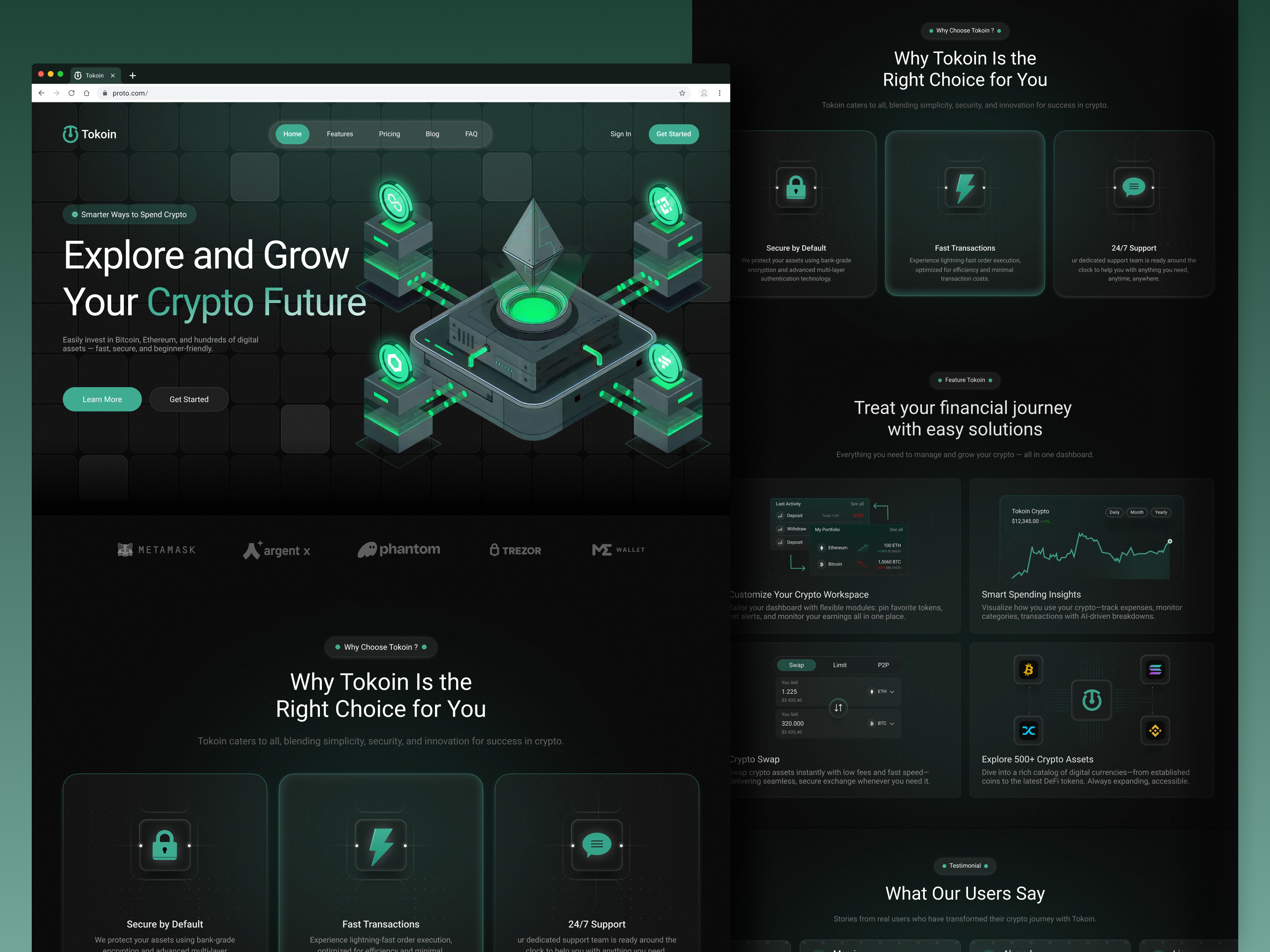 Tokoin - Crypto Landing Page app bitcoin blockchain coin crypto crypto landing page cryptocurrency dao dark exchange inspiration interface landing page staking token web web app web design web3 website