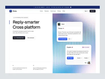 Glora - AI Messaging Assistent Landing Page Animation ai assistant ai messaging ai reply tool animation chrome extension ui clean ui communication platform gradient design interaction design landing page minimal design modern ui multi language tool productivity tool saas website smart reply tech landing page ux ui design web design website concept