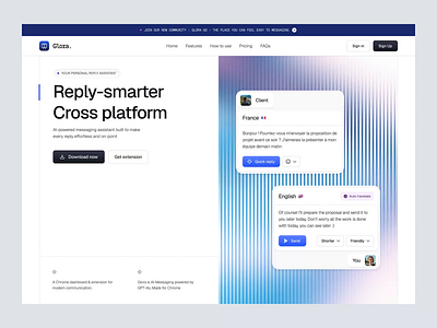 Glora - AI Messaging Assistent Landing Page Animation ai assistant ai messaging ai reply tool animation chrome extension ui clean ui communication platform gradient design interaction design landing page minimal design modern ui multi language tool productivity tool saas website smart reply tech landing page ux ui design web design website concept