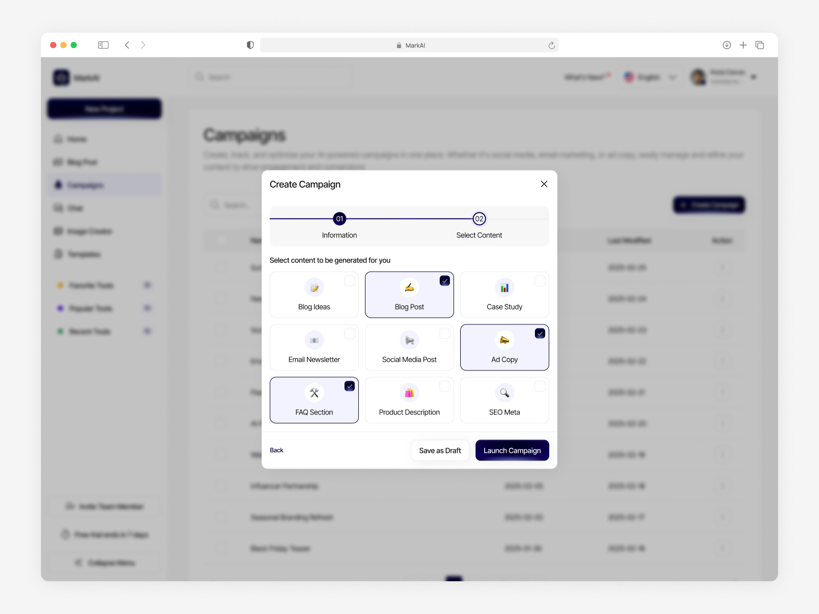 MarkAI - AI for Marketing Web App (Management Campaign) ai agent ai assistant ai copywriting tool ai dashboard ai seo tool ai tools blog generator campaign management chatbot ui dashboard image generator marketing marketing dashboard my creation saas saas product seo optimization smart marketing social media automation ui ux