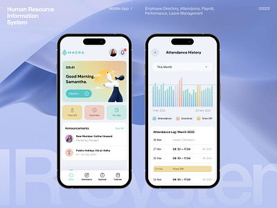 Macra | HR Management App app attendance b2b chart employee hr hr app hr management human resources illustration interface management mobile mobile app payroll performance playful saas system uiux