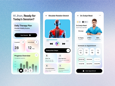 Physical Therapy & Wellness App application appointment app doctor appointment fitness app health app health tracker healthcare ios app medical app mobile ui patientcareapp physical therapy app physio pixelean sahin mia therapy app uiux wellness app wellness app design wellness design