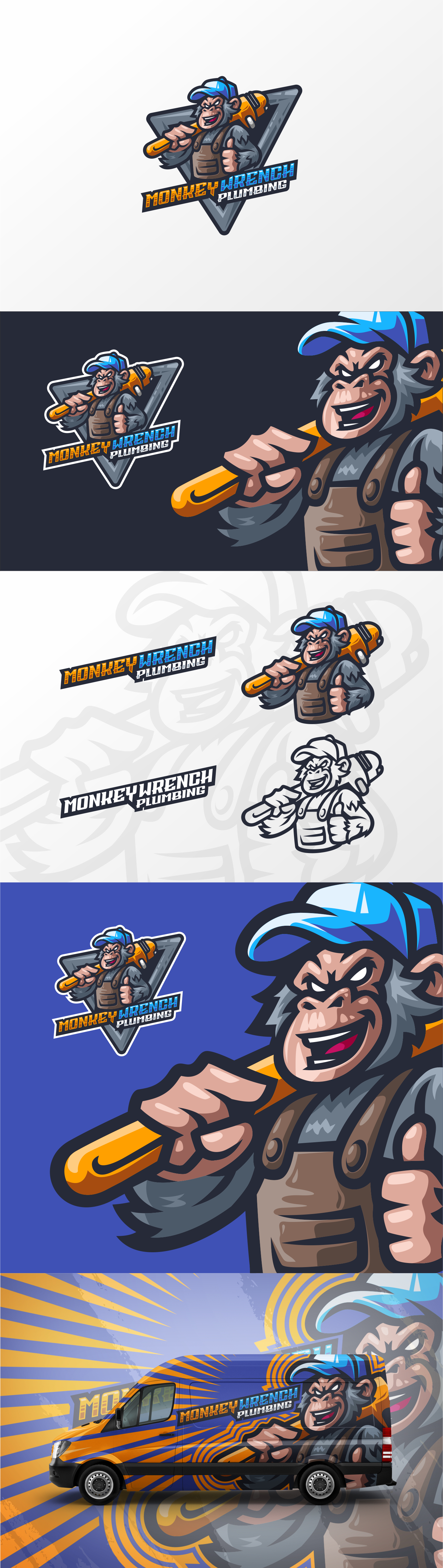 Monkey Wrench Plumbing graphic design logo mascot monkey plumber plumbing plumbing logo