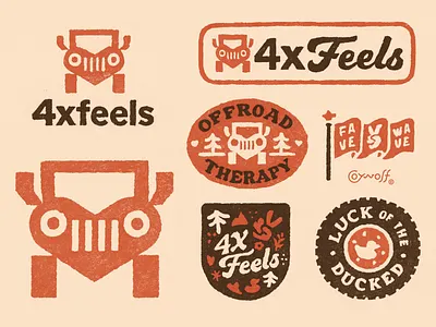 4 x Feels Off-Road Vehicle Stickers automotive badge branding custom font duck graphic design heart icons illustration jeep lettering logo logos nature outdoors print retro stickers trees vintage