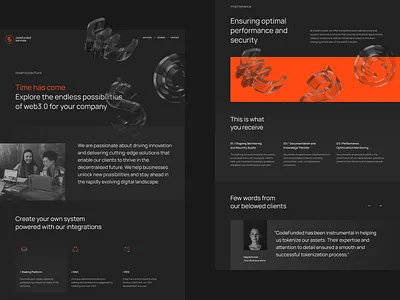 Codefunded — minimal web3 landing design agency blockchain clean contrast crypto dark landing modern red saas tech tokenization web web design web30