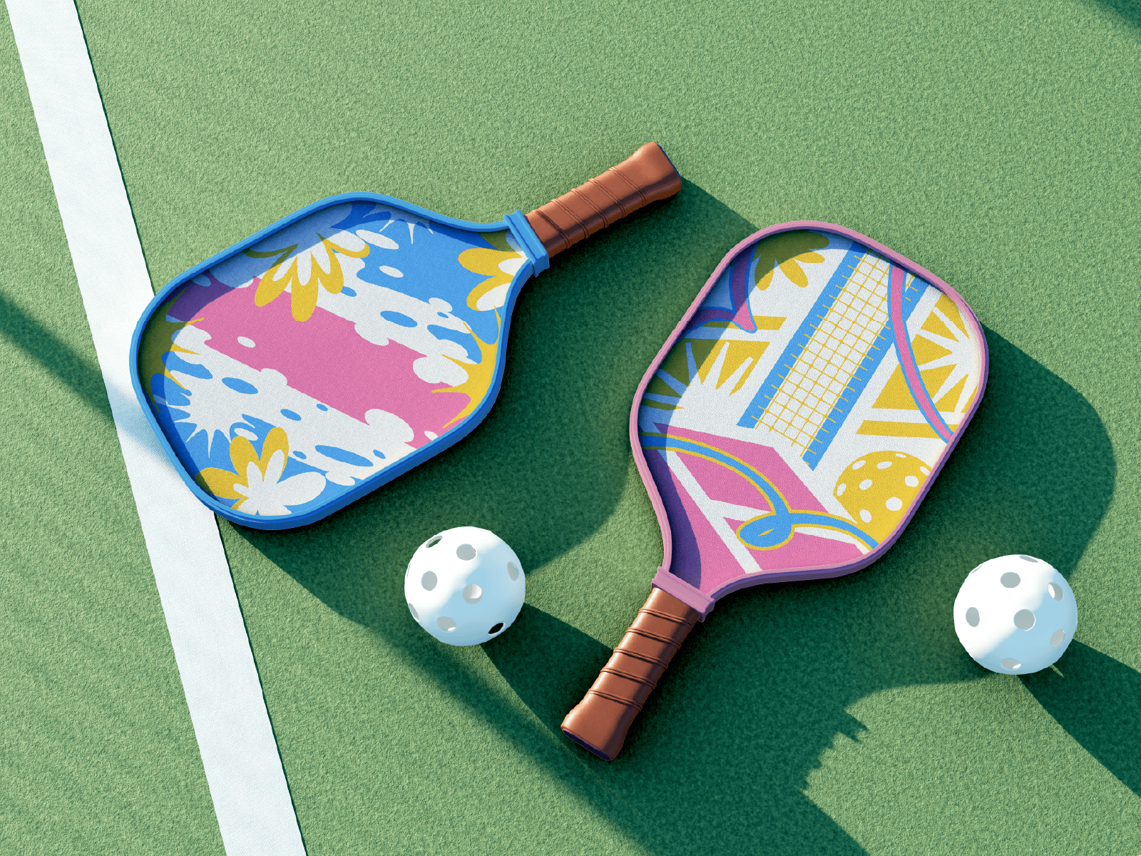 Pickleball Paddle Graphic Explorations Vol. I [Unused] bold illustration brand exploration colorful design court aesthetics creative direction design inspiration graphic exploration illustration design merch design paddle design pattern design pickleball design product mockup retro colors sports branding sports graphics sporty visuals summer palette surface pattern visual identity