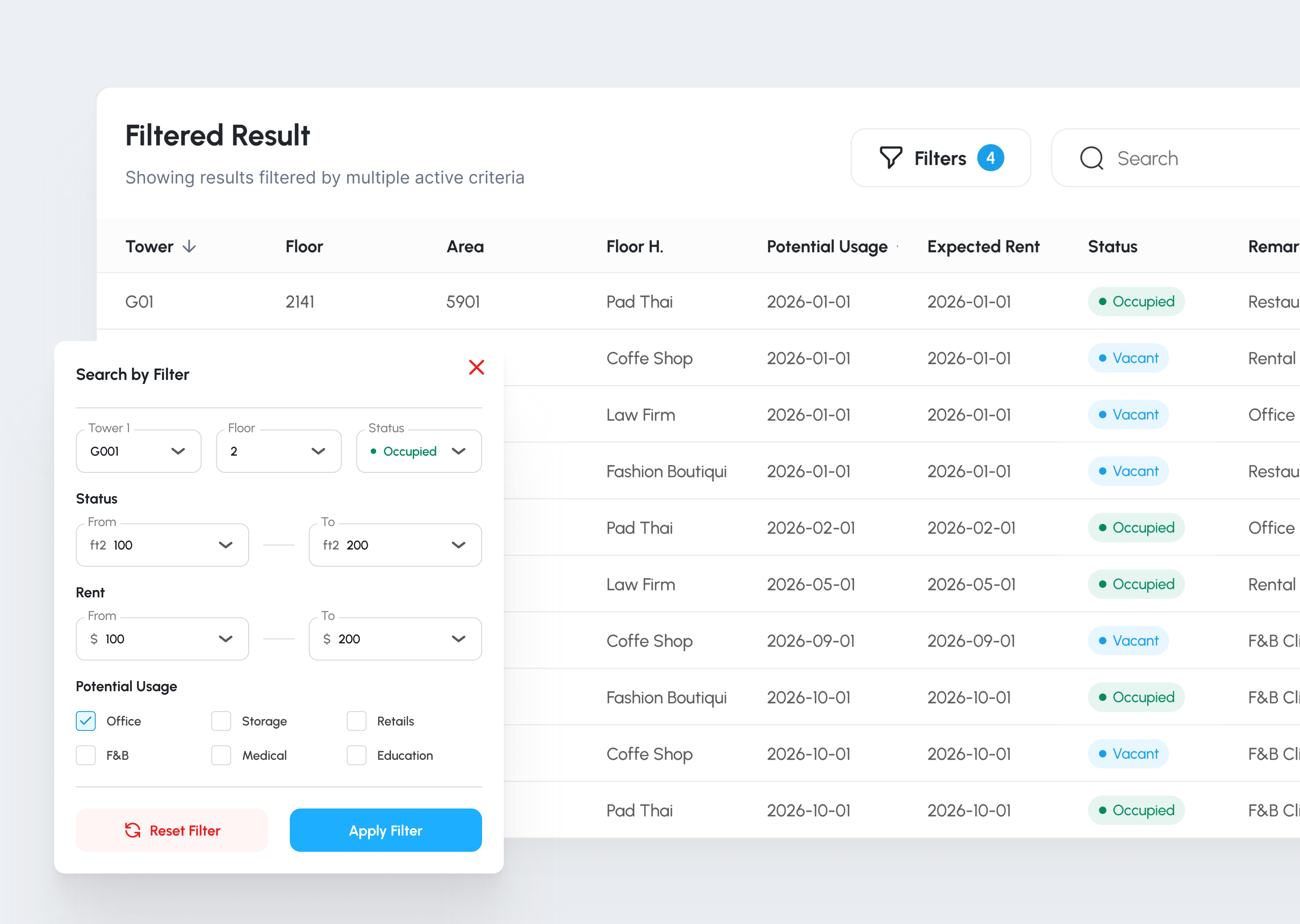 Property Management Filter Modal UI clean dashboard design filter good graphic design modal pop up property management system reset filter simple table ui uiux ux white