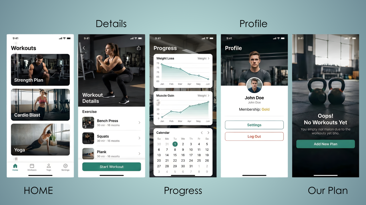💪 Fitness App UI – Workouts, Progress & Motivation app ui clean ui dashboard design system figma fitness app gym app interaction design ios design mobile app modern ui progress tracking uiux visual design vtn workout app