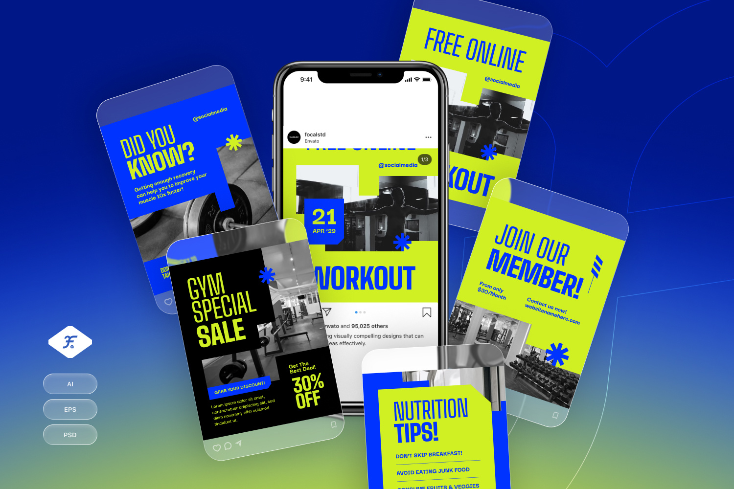 Gym Center - Instagram Post active athlete blue body branding digital dynamic editable energy exercise fitness green gym health instagram lifestyle modern motivation muscle performance