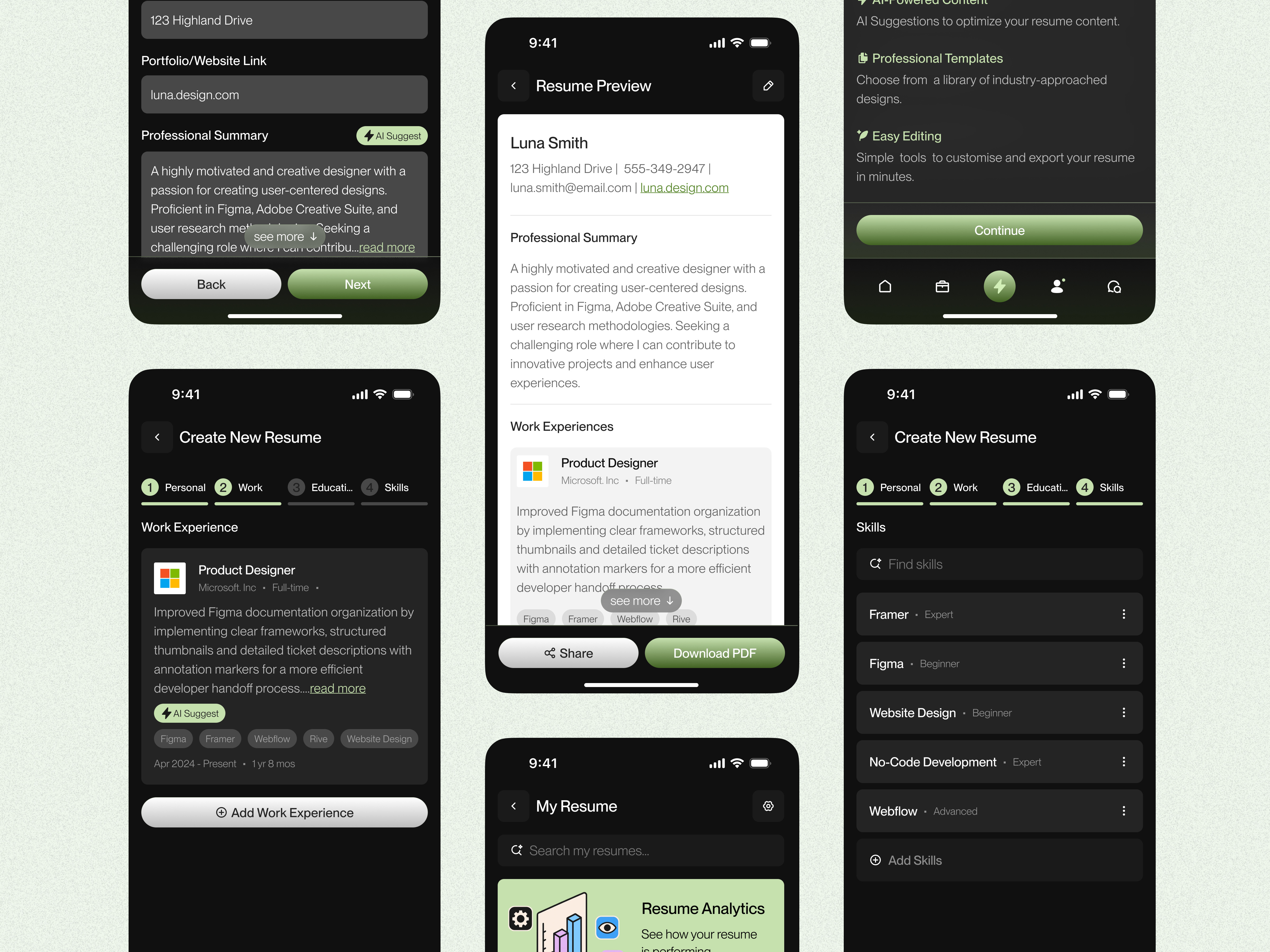 AI Smart Resume Builder Mobile App ai ai assistant ai resume builder ai resume builder app apply career cv dark mode design hire hr job minimal mobile app modern resume resume builder ui ui design ux design