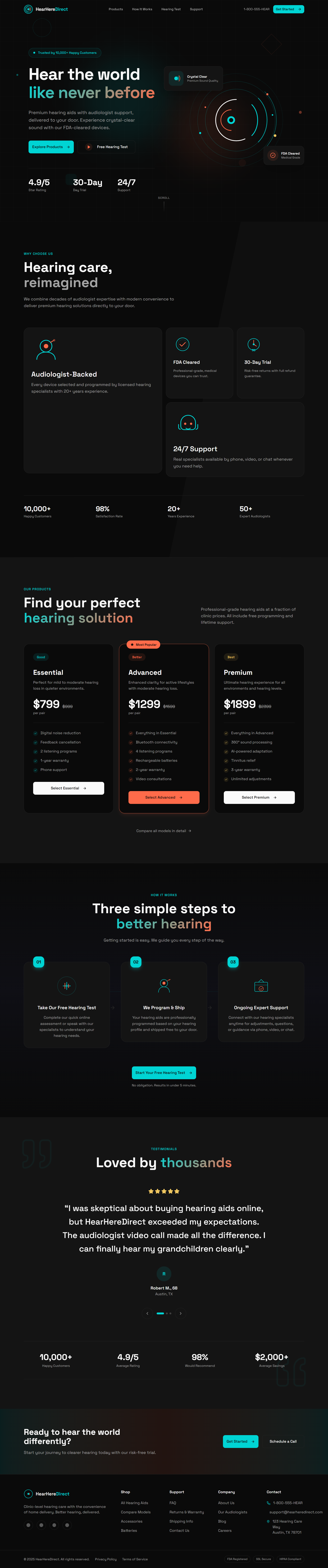 HearHereDirect - Modern Hearing Care Homepage - Dark Theme dark figma hearing aid ui ux web design website website design