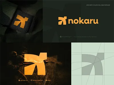 Archery & Survival Gear Branding Concept 'nokaru' abstract animal archer archery bird bow and arrow bow logo camo concept forest gear green grid letter n lettermark military n logo orange outdoor survival