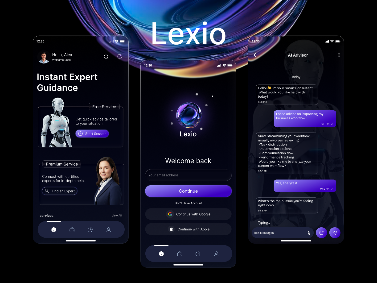 Lexio Consultant AI Mobile App agency ai app design bmvsi branding chatbots consultation creative design illustration lawyer lawyers logo mobile app ui uiux web design website