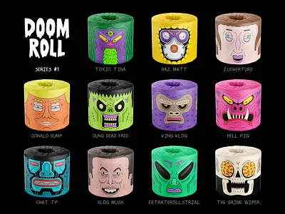 Doom Roll Wrappers alien android ape apocalypse donald doomsday preppers elon musk end of the world gorilla grim reaper hazmat hoarding king kong packaging design robot skull toilet paper trump vector art zombie