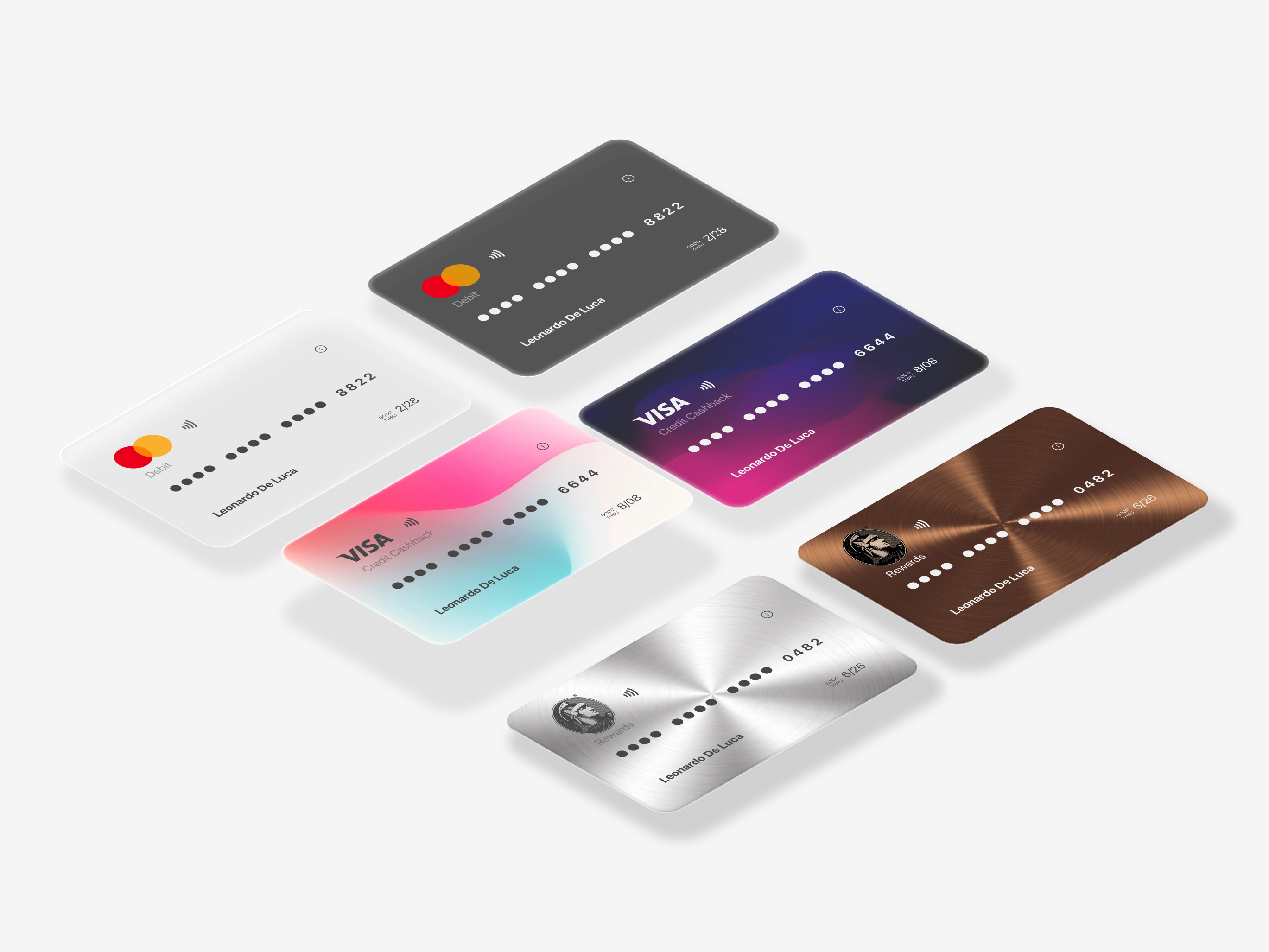 Sleek Credit Card UI Components for Modern Payment Apps app design card design clean ui digital wallet finance app fintech frosted glass glassmorphism gradient design metal card minimal design mobile ui modern ui payment app product design ui ui components ui design uxui