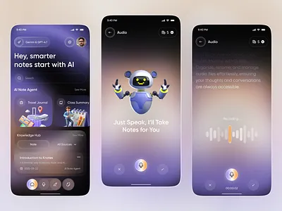 Voice-to-Text Note Taking Mobile App UI Design 3d assistant ai ai app ai assistant ai interface ai productivity app app app design audio notes chatbot ui ios mobile mobile app note taking app productivity app recording app smart notes ui voice app voice to text
