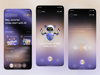 Voice-to-Text Note Taking Mobile App UI Design 3d assistant ai ai app ai assistant ai interface ai productivity app app app design audio notes chatbot ui ios mobile mobile app note taking app productivity app recording app smart notes ui voice app voice to text