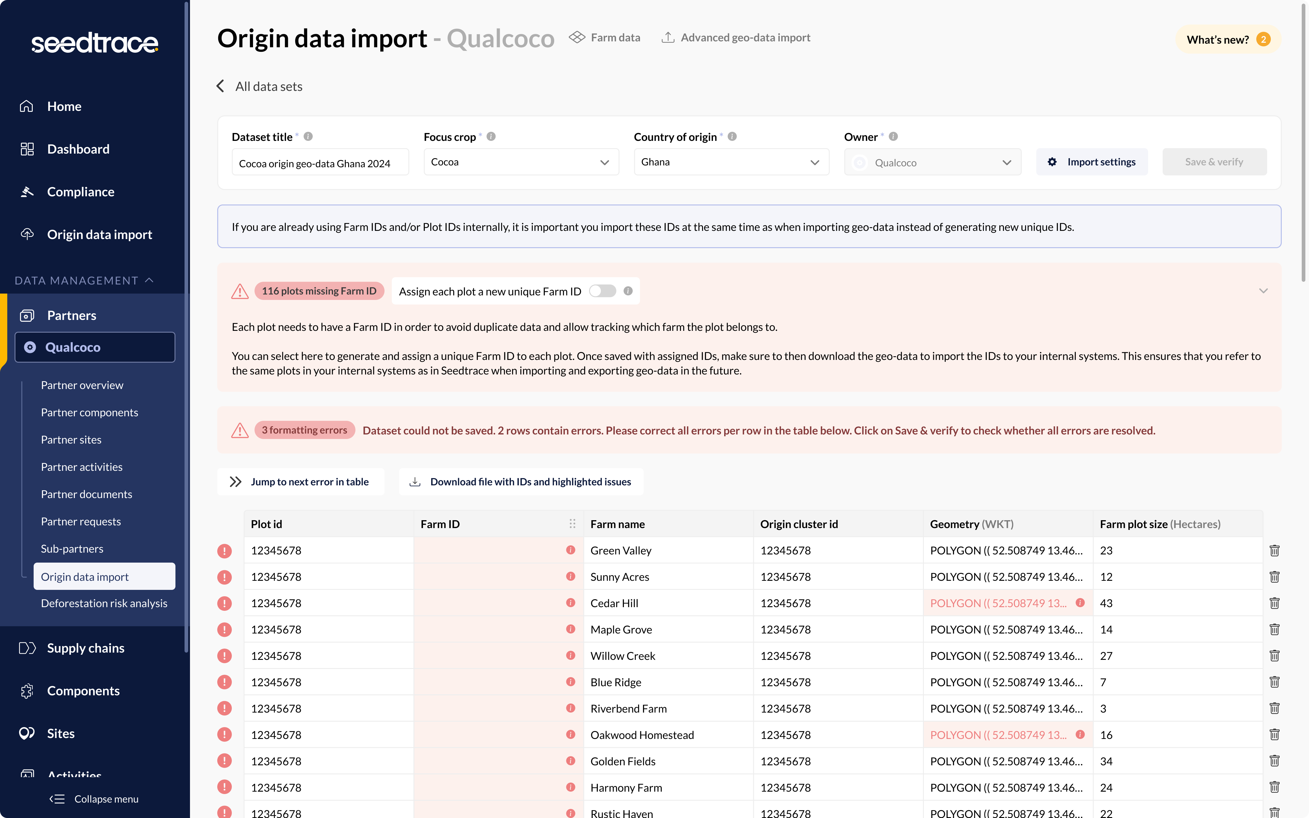 Geo-data validation & verification app b2b error file geo data import table ui upload validaton warning web