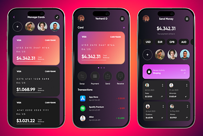 FinTech Mobile App UI — Cards, Transfers & Wallet Dashboard banking app card ui crypto wallet dark mode dashboard ui design figma finance app finance dashboard fintech mobile app design mobile banking modern ui money transfer payments ui product design trading app ui design ux design wallet app