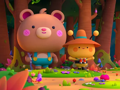 Cozy Forest Walk 3d 3d art 3d character adventure animation bear bee blender character character design cute design environment forest friends game art graphic design illustration illustrator motion graphics