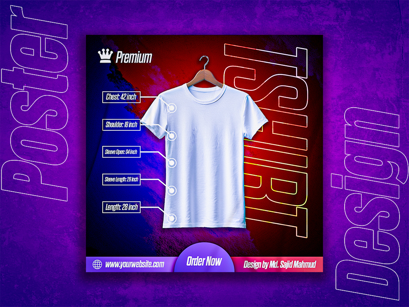 T-Shirt Poster with info about product apparel blue branding cloth eye catching design graphic design hire professional designer info order now photoshop poster poster design premium quality product product design with info purple red tshirt tshirt poster tshirt social media poster