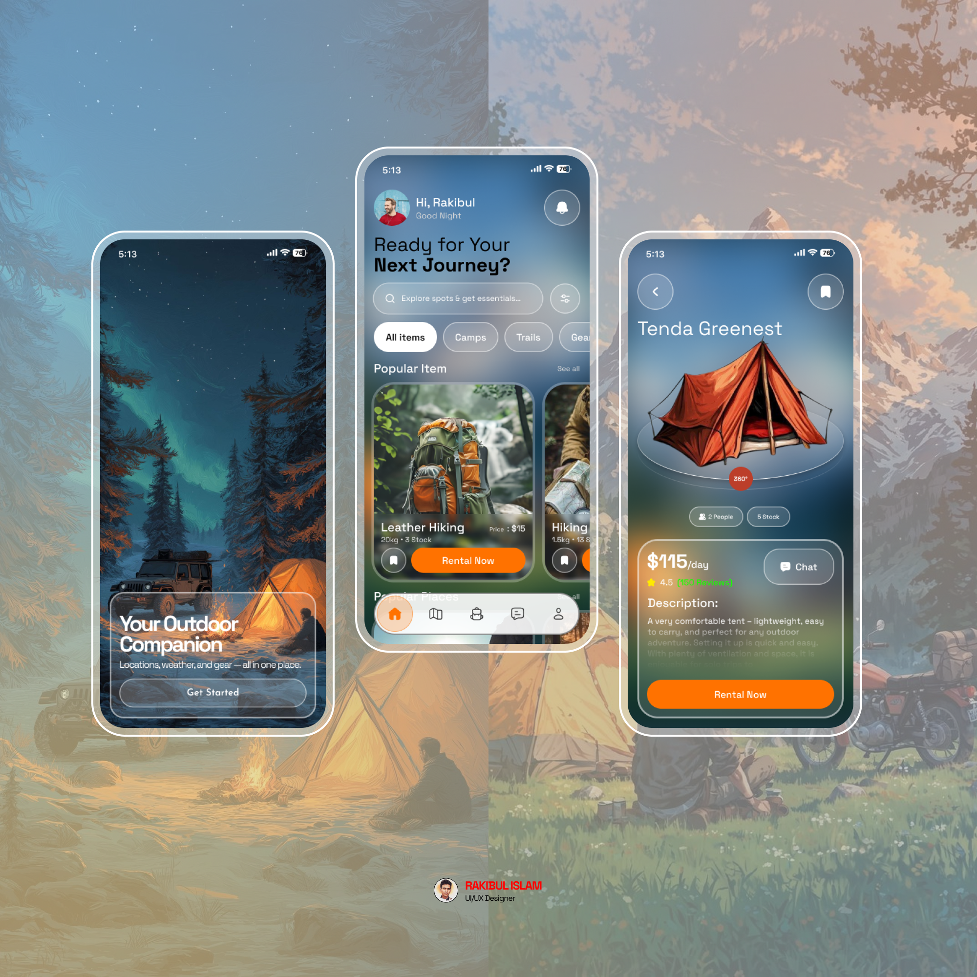 Camping & Outdoor Gear Rental App UI/UX Design 3d animation app ui design branding camping app camping app ui camping app ui design camping app ui exploration graphic design logo motion graphics ui