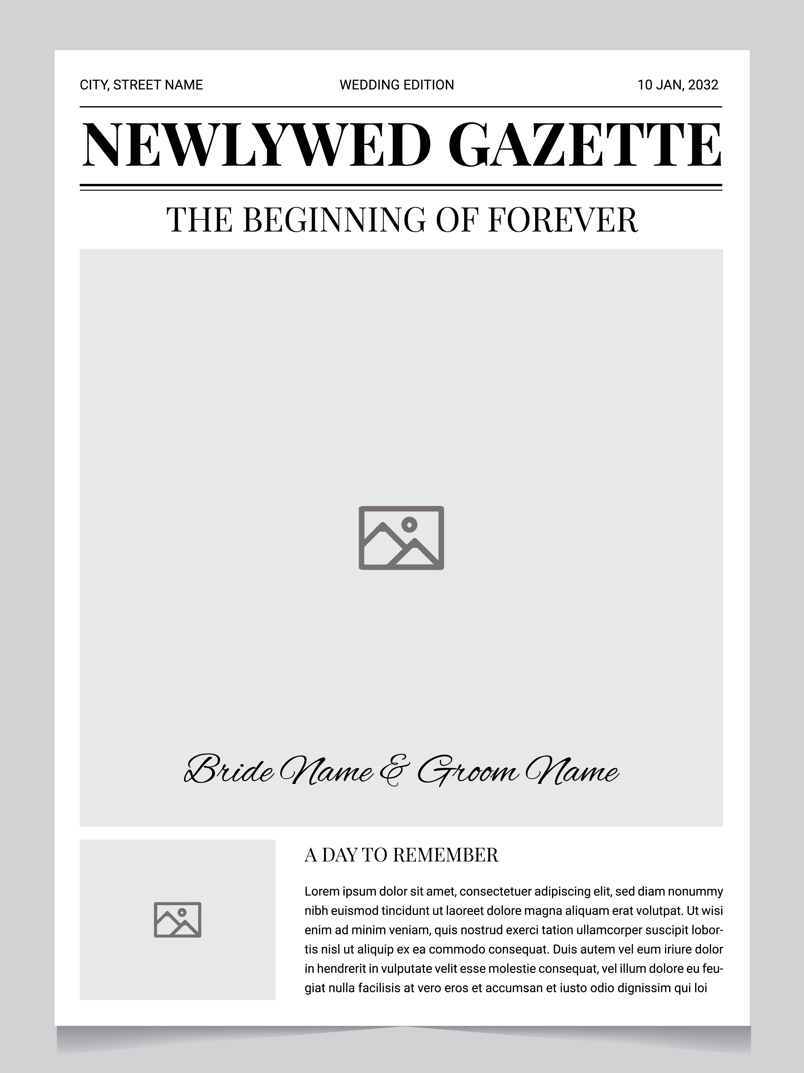 Wedding Newspaper Template – Newlywed Gazette Front Page bride and groom newspaper classic wedding newspaper layout editable wedding program elegant wedding stationery minimal wedding newspaper modern wedding editorial newlywed gazette newspaper style invitation personalized wedding newspaper printable wedding program printable wedding template vintage wedding newspaper wedding ceremony newspaper wedding day newspaper sheet wedding front page design wedding keepsake design wedding newspaper cover wedding newspaper template wedding story page wedding welcome paper