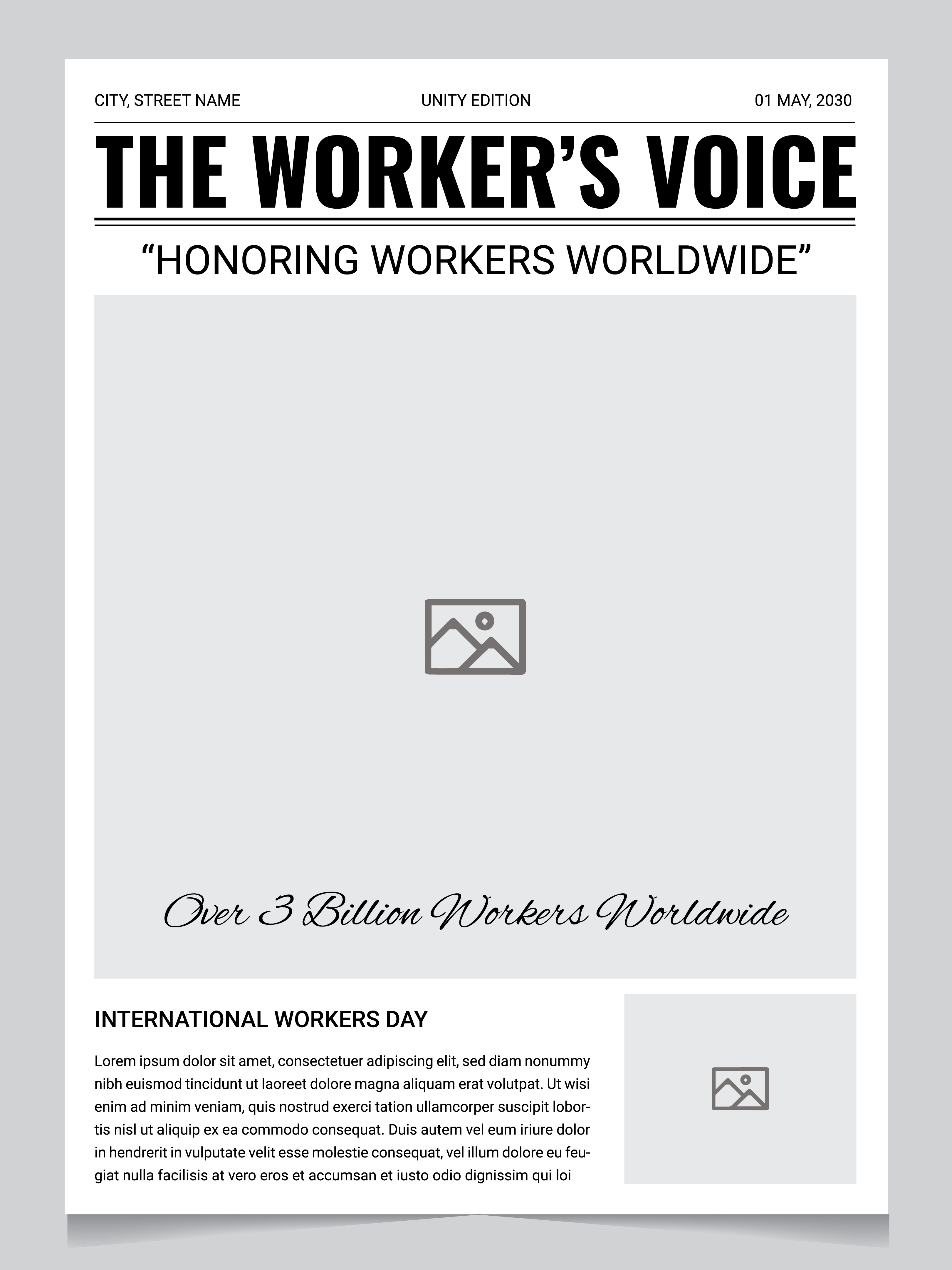 International Workers Day Newspaper Template clean newspaper layout corporate announcement layout editorial layout template event poster template global workers day design headline poster template international workers day labor day flyer labor day newspaper design labor union event flyer may day poster template minimal newspaper template modern flyer design newspaper style flyer printable editorial template simple magazine layout worker appreciation poster workers awareness design workers celebration design workers day template