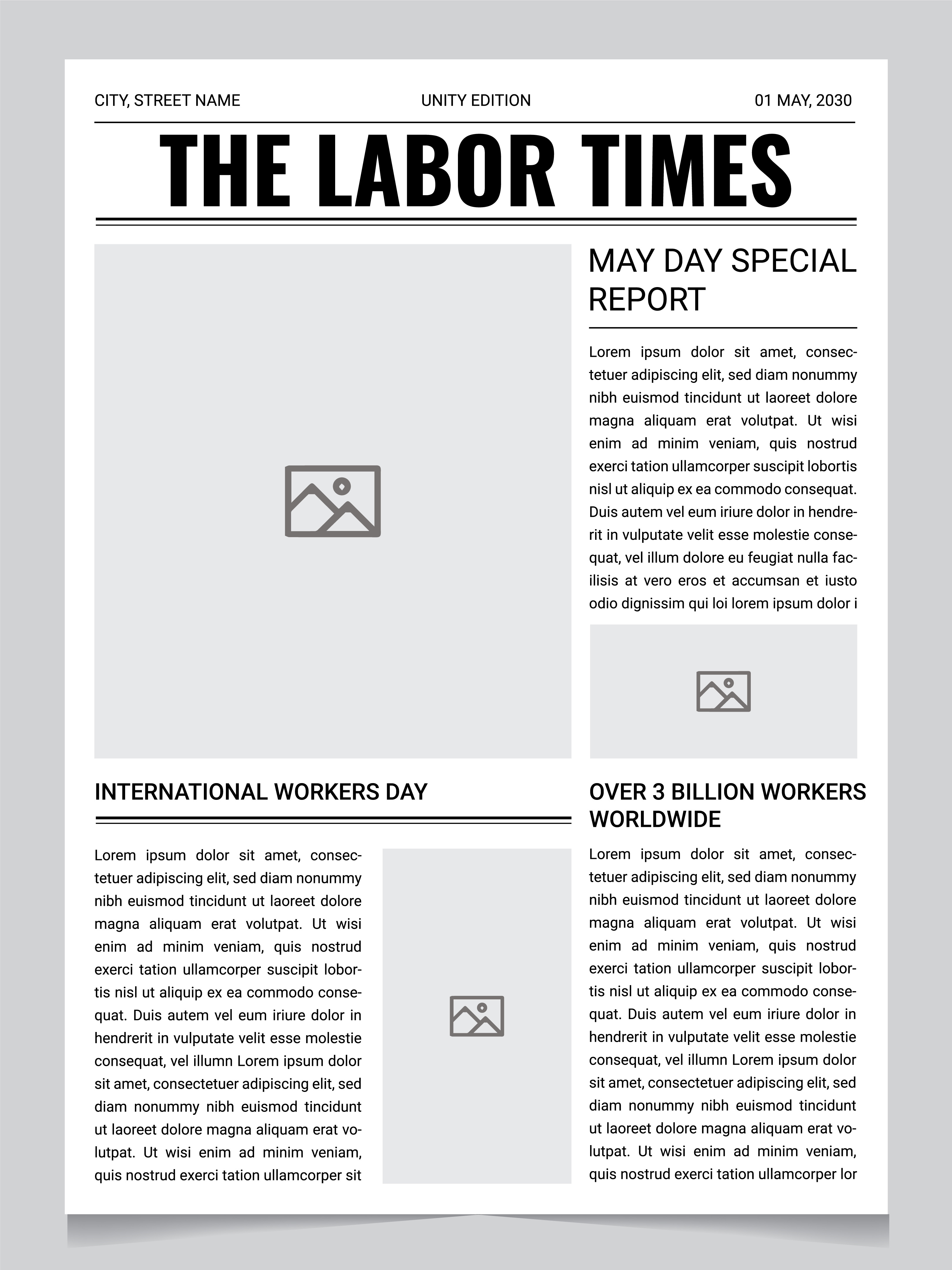 Labor Day Newspaper Template – May Day Editorial Layout clean newsletter layout editorial flyer design event poster template global workers day design headline newspaper template labor day newspaper template labor day report design labor rights poster labor union event flyer may day flyer may day special report minimal newspaper template modern editorial template newspaper style flyer printable newspaper design professional magazine layout workers celebration poster workers day article layout workers day editorial layout workers tribute design