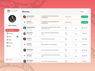 Voicemail Dashboard agent ai app automation business contacts conversation crm dashboard design management portal saas tasks trending ui ux voicemail web