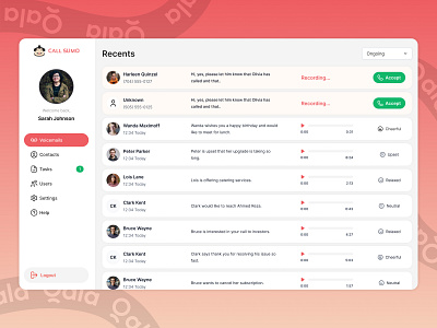 Voicemail Dashboard agent ai app automation business contacts conversation crm dashboard design management portal saas tasks trending ui ux voicemail web