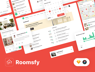 Roomsfy - UI design kit for Real Estate booking SaaS apps airbnb apartment rent apartment search app booking commercial property dashboard design system home rent hotel booking product design property management real estate saas tenant ui ui design ui kit ux