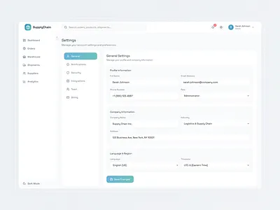 SupplyChain SaaS | Settings Panel: Complete Configuration UI/UX admin panel billing clean ui configuration dashboard idealrahi intergrations logistics navigation product design profile saas security settings subscription supplychain team management toggles ui ux design webapp