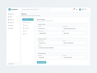 SupplyChain SaaS | Settings Panel: Complete Configuration UI/UX admin panel billing clean ui configuration dashboard idealrahi intergrations logistics navigation product design profile saas security settings subscription supplychain team management toggles ui ux design webapp