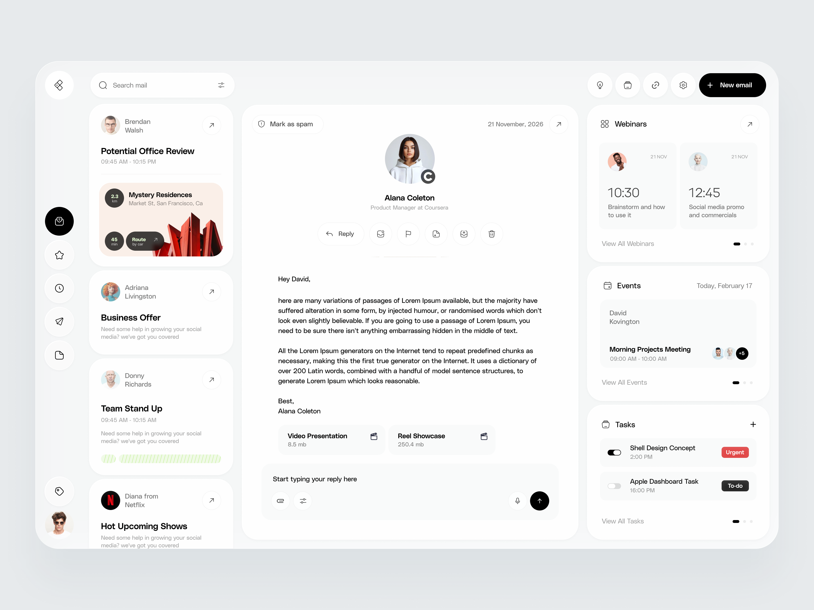 Modern Mail App app clean events mail minimal mobile saas tasks web webinars white widgets