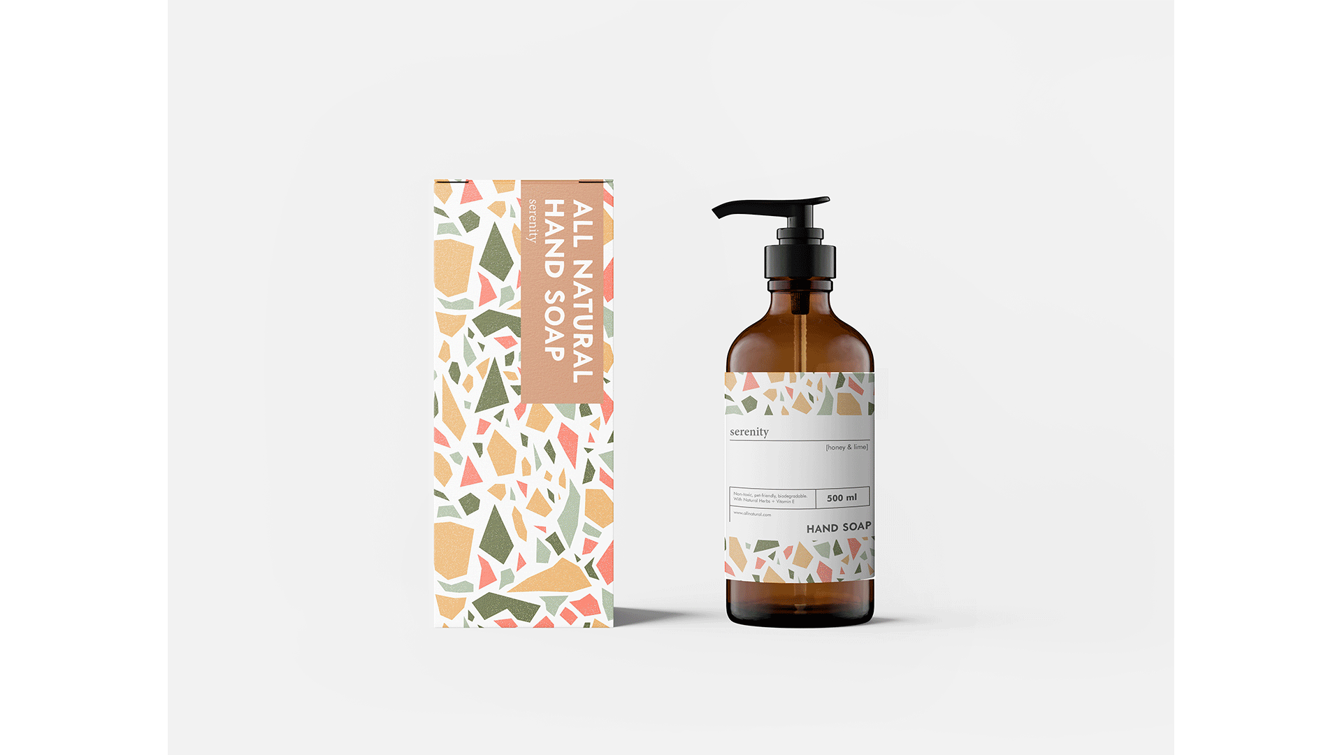 Hand Soap Packaging Design abstract bottle box design branding hand soap label design packaging design pattern design product design terazzo visual identity